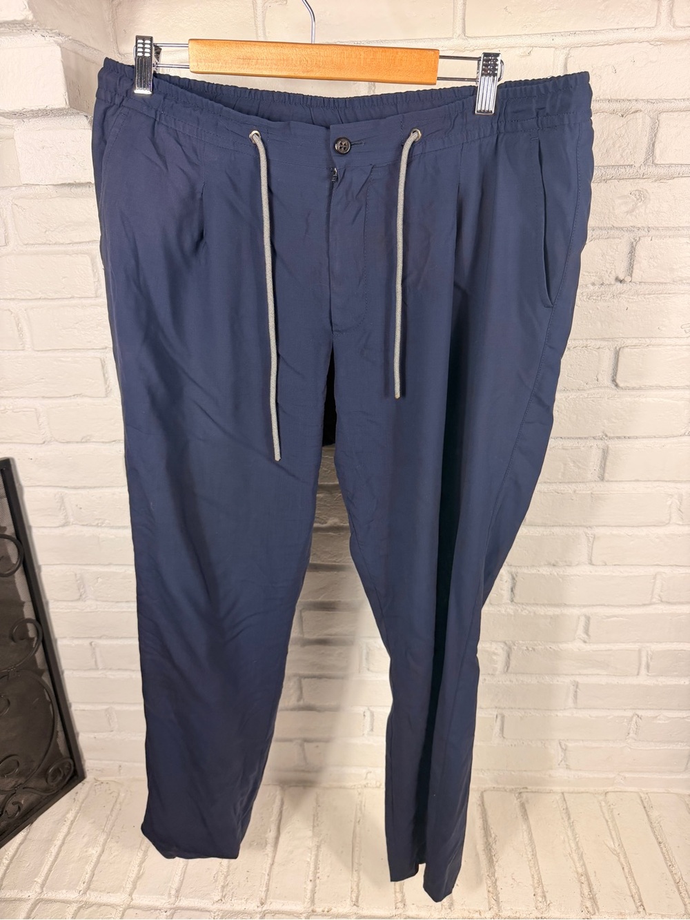 Corneliani Virgin Wool Drawstring Pants Mens EU 54 Navy Blue Elastic Waist Italy